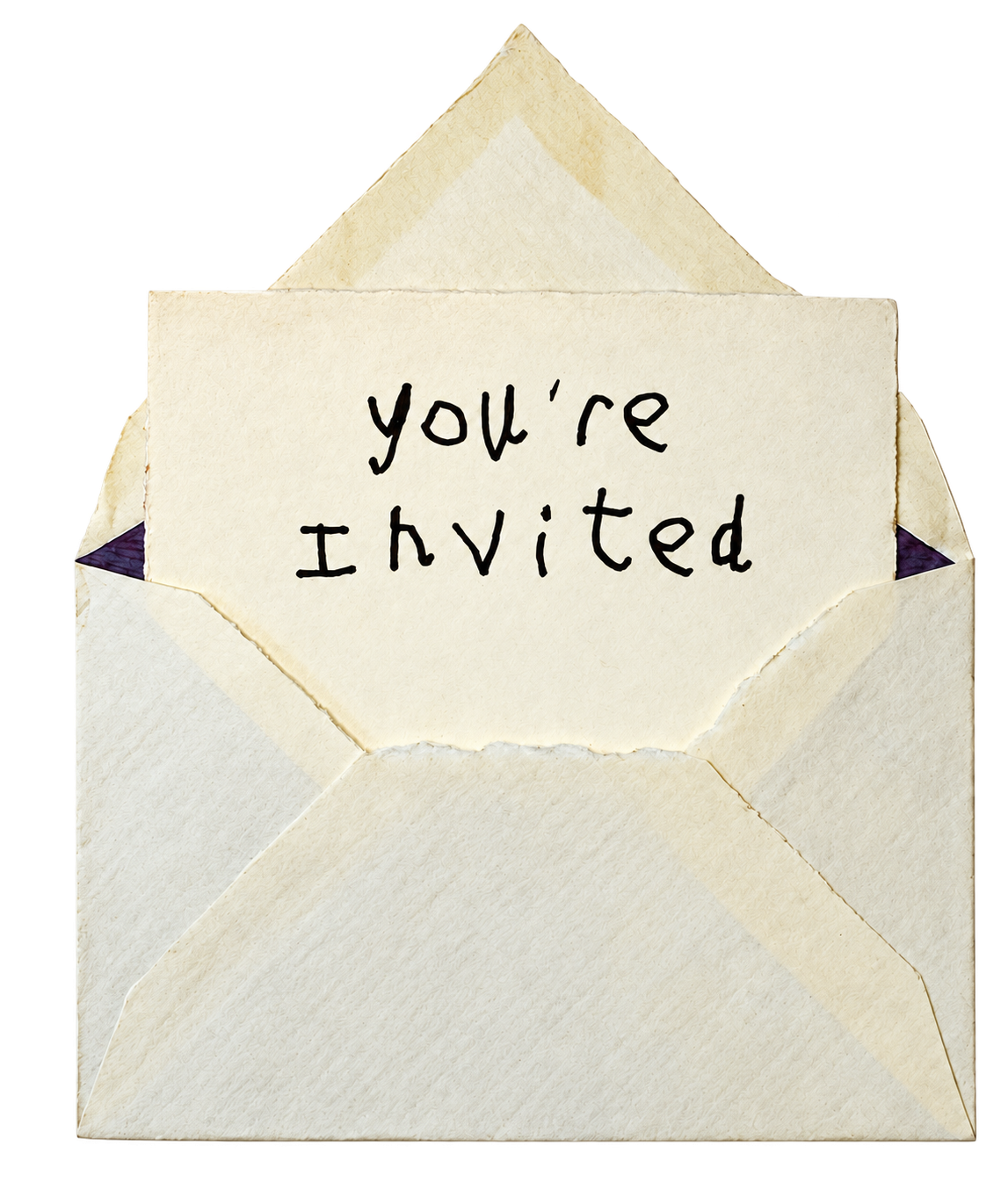 A handwritten invitation opening from its textured envelope