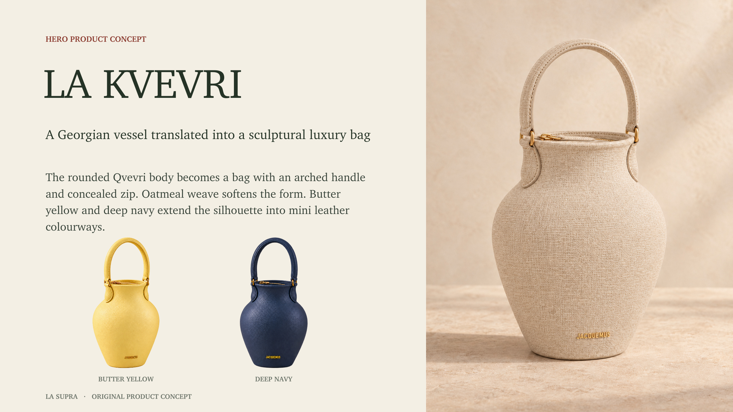 La Kvevri — sculptural hero bag in oatmeal, butter yellow and deep navy, page 4 of 13