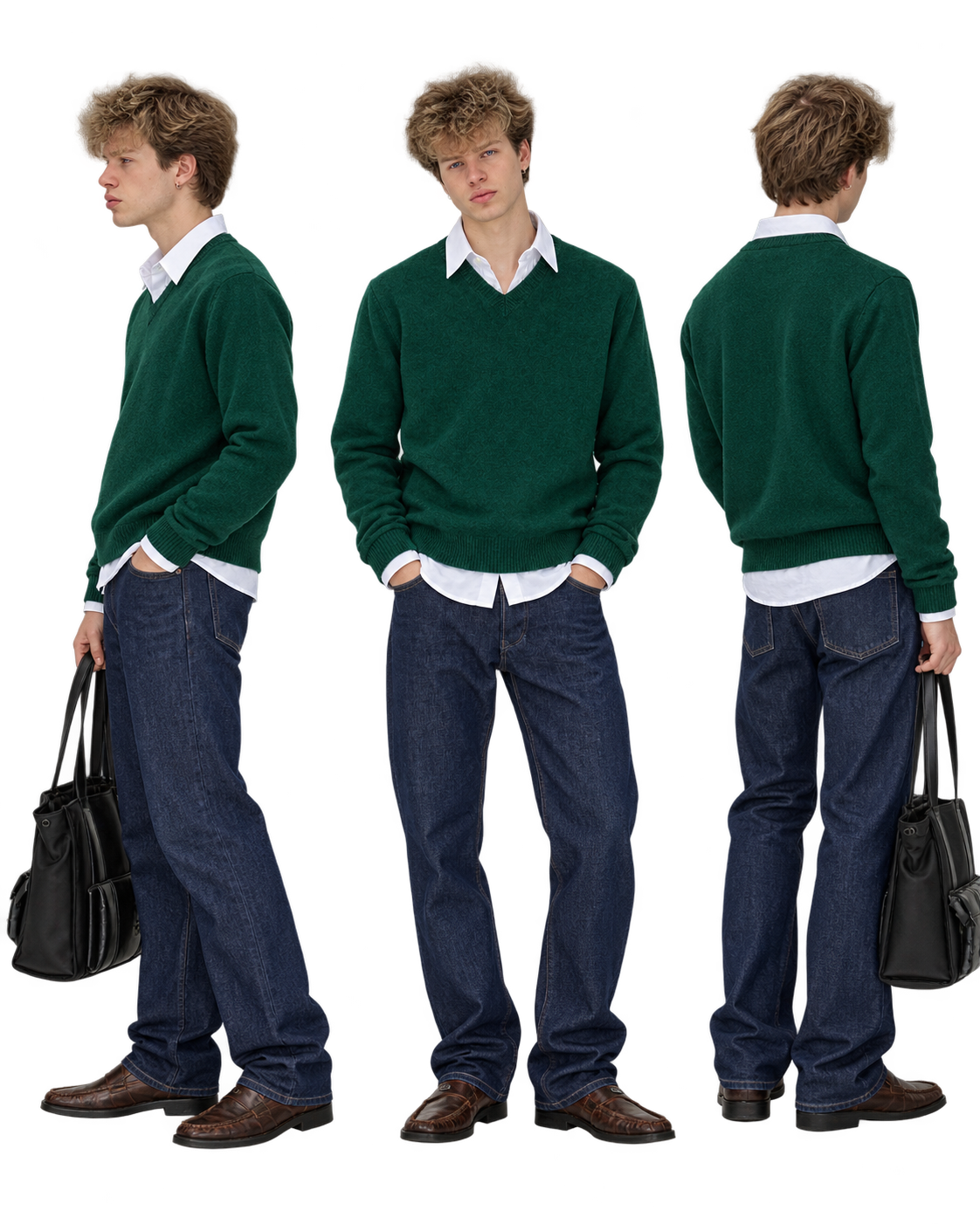 Three full-length views of Luka in a forest-green knit, white shirt, dark denim and brown shoes