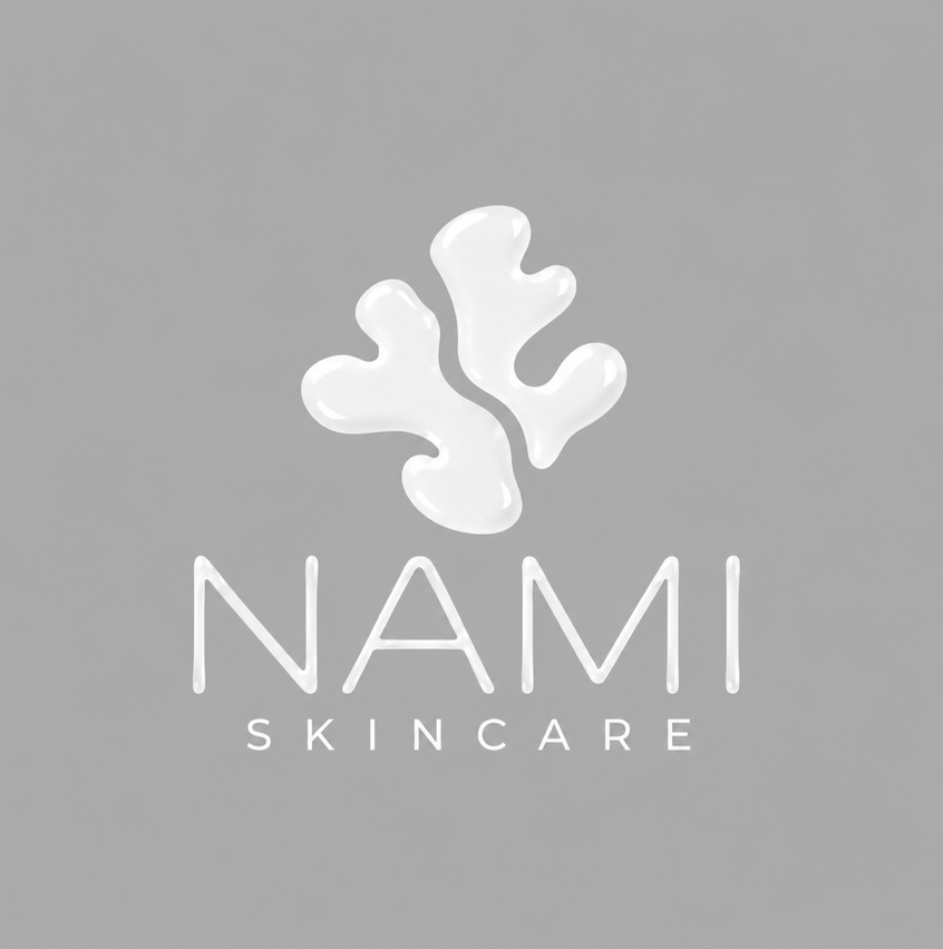 NAMI Skincare white ginger-root logo on a minimal grey background